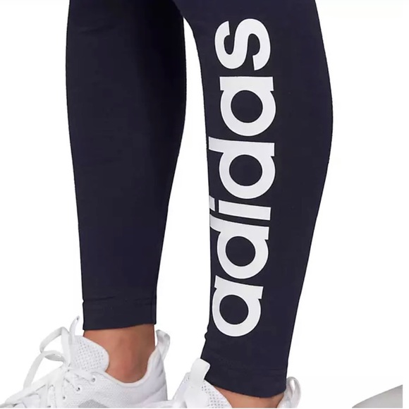 Adidas Navy blue leggings w/,”ADIDAS ,” written in white down front lower leg. - Picture 4 of 10